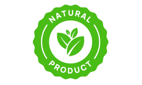 100% Natural Product seal featuring green leaves inside a scalloped circular badge.