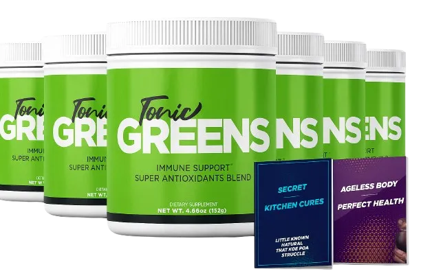 Tonic Greens promotional bundle showing six white and green jars of the immune support and super antioxidant blend, accompanied by two complimentary digital bonus books titled Secret Kitchen Cures and Ageless Body Perfect Health.
