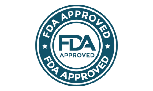 FDA Approved seal in a blue and white circular badge design.