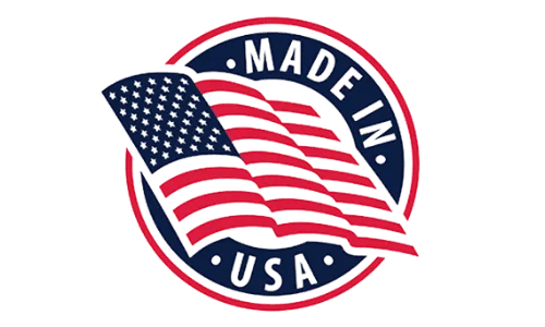 Made in USA seal featuring a waving American flag inside a round red, white, and blue badge.
