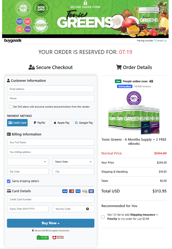 Tonic Greens secure checkout and order form page displaying customer information fields, payment method selectors (Credit Card, PayPal, Apple Pay, Google Pay), billing details, and a live order summary on the right showing a 6-month supply with 2 free eBooks for a total of $313.95 including shipping.