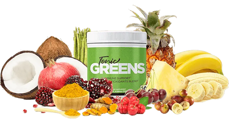 Tonic Greens supplement container surrounded by fresh superfoods including coconut, pomegranate, turmeric, cherries, pineapple, and bananas.