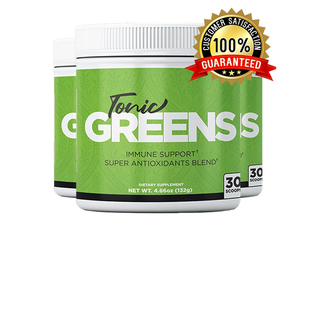 Tonic Greens dietary supplement containers featuring a green label with the product logo, 